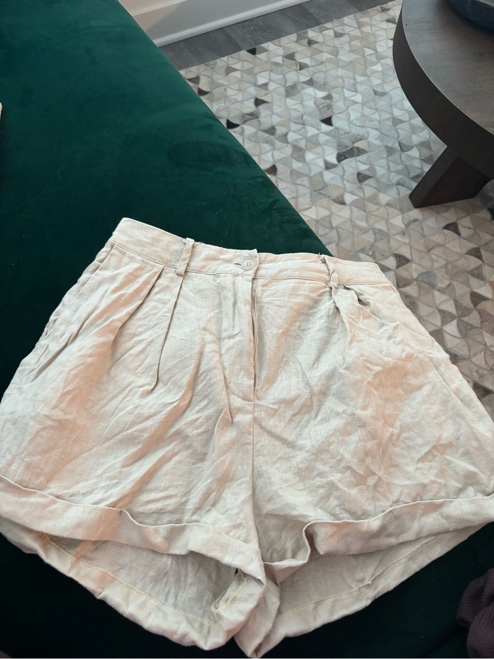 Olivaceous Light Beige High-Rise Pleated Shorts